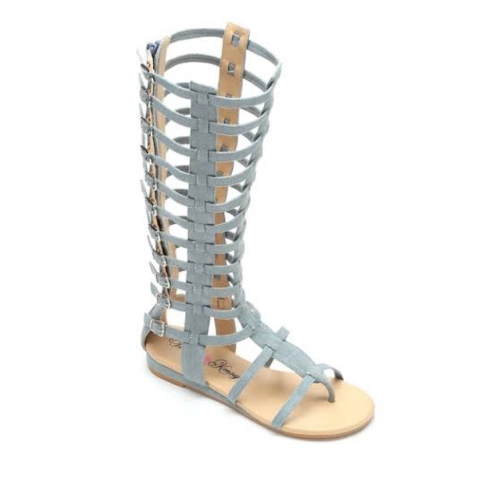 High top denim gladiator sandals.